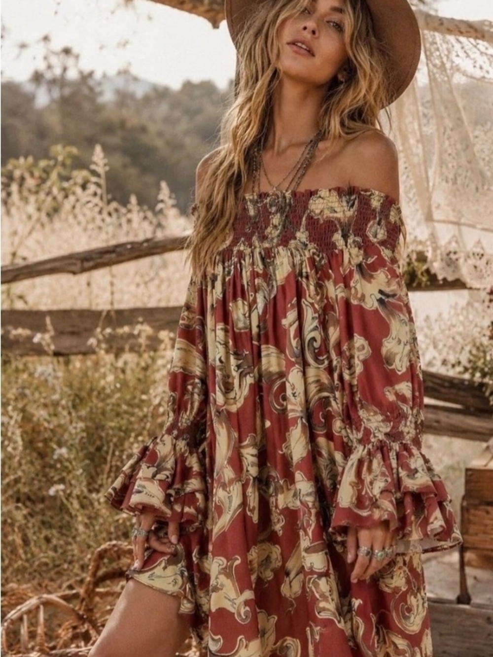 BOHO Off-Shoulder Floral Dress in Rust With Bell Sleeves